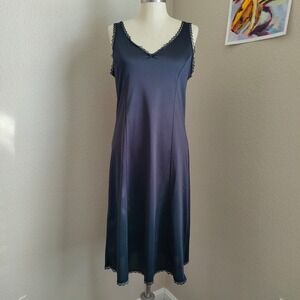 Vintage 80s Black Satin Nylon Slip Dress Lace Trim Bow Midi Lingerie Nightie S/M